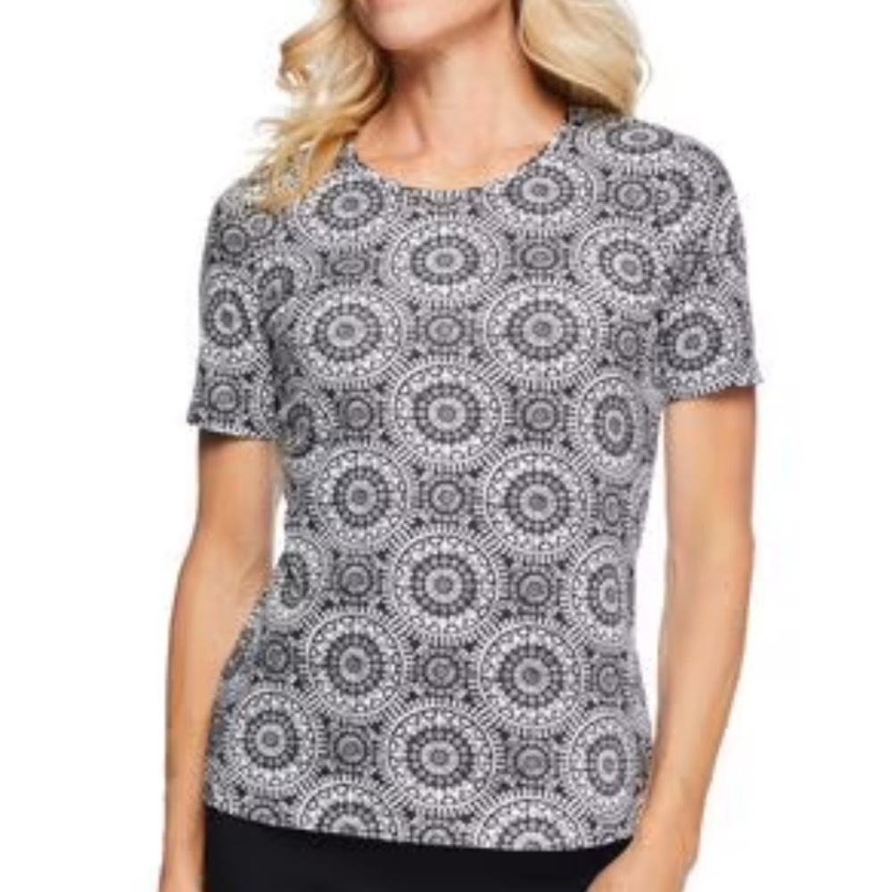 IYLA Boho Pattern Print Short Sleeve TShirt Black White Boho Round Neck 1X